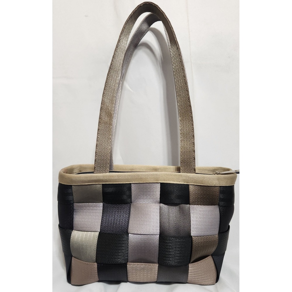 Harveys Seatbelt Bag Medium Tote Woven Checkerboard Gray Black Champagne Silver